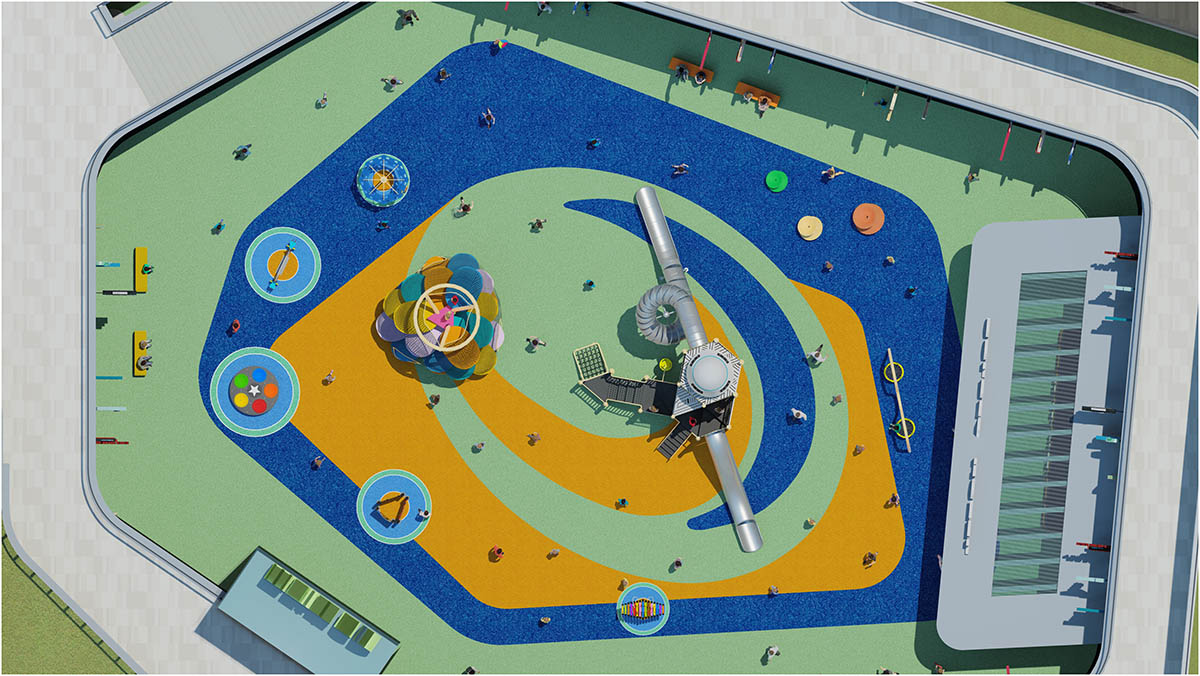 Коммерческое развлекательное оборудование без электропитания, установленное в оживленном парке.