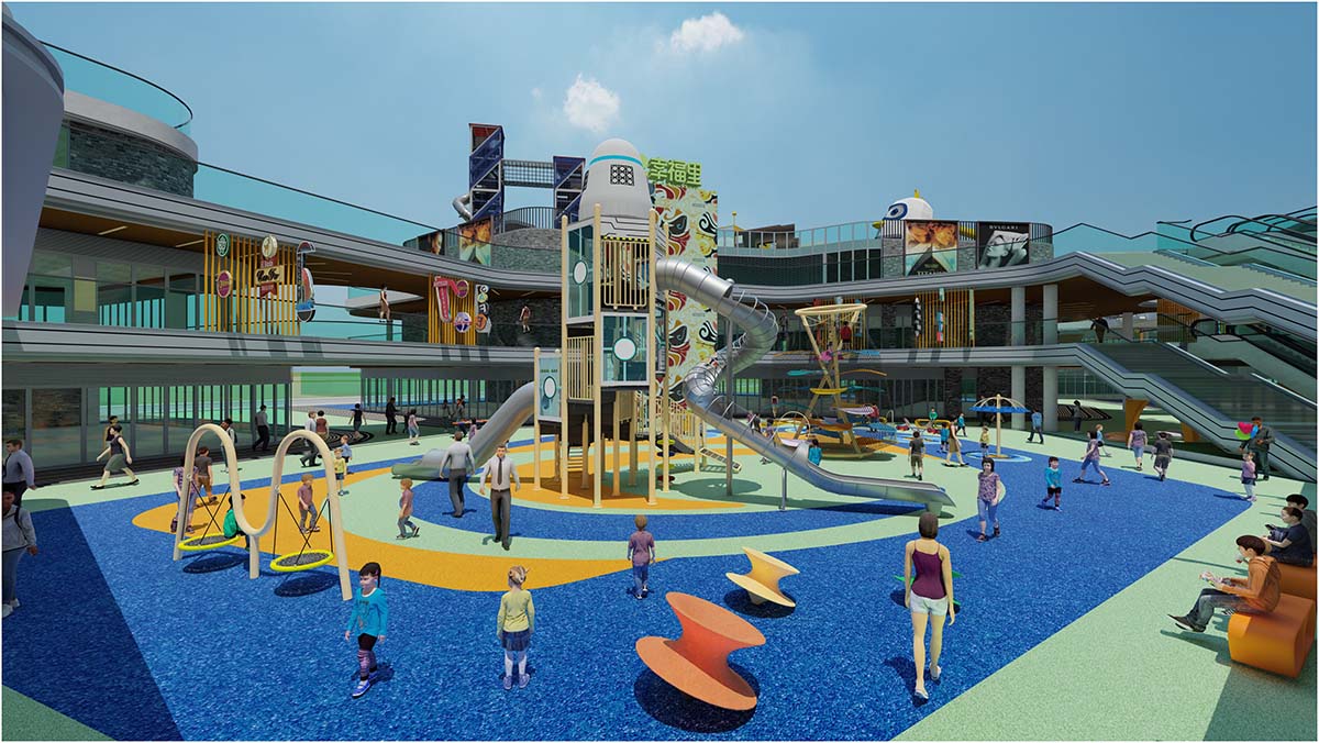 Коммерческое развлекательное оборудование без электропитания, установленное в оживленном парке.