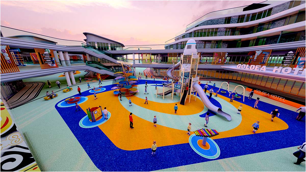 Коммерческое развлекательное оборудование без электропитания, установленное в оживленном парке.