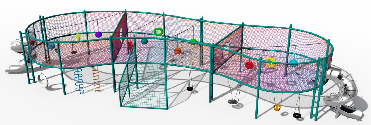 Панорамная экспозиция уличного веревочного батута и лазанья-5