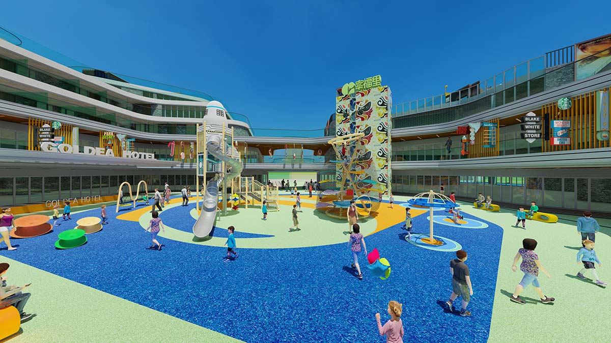 Коммерческое развлекательное оборудование без электропитания, установленное в оживленном парке.