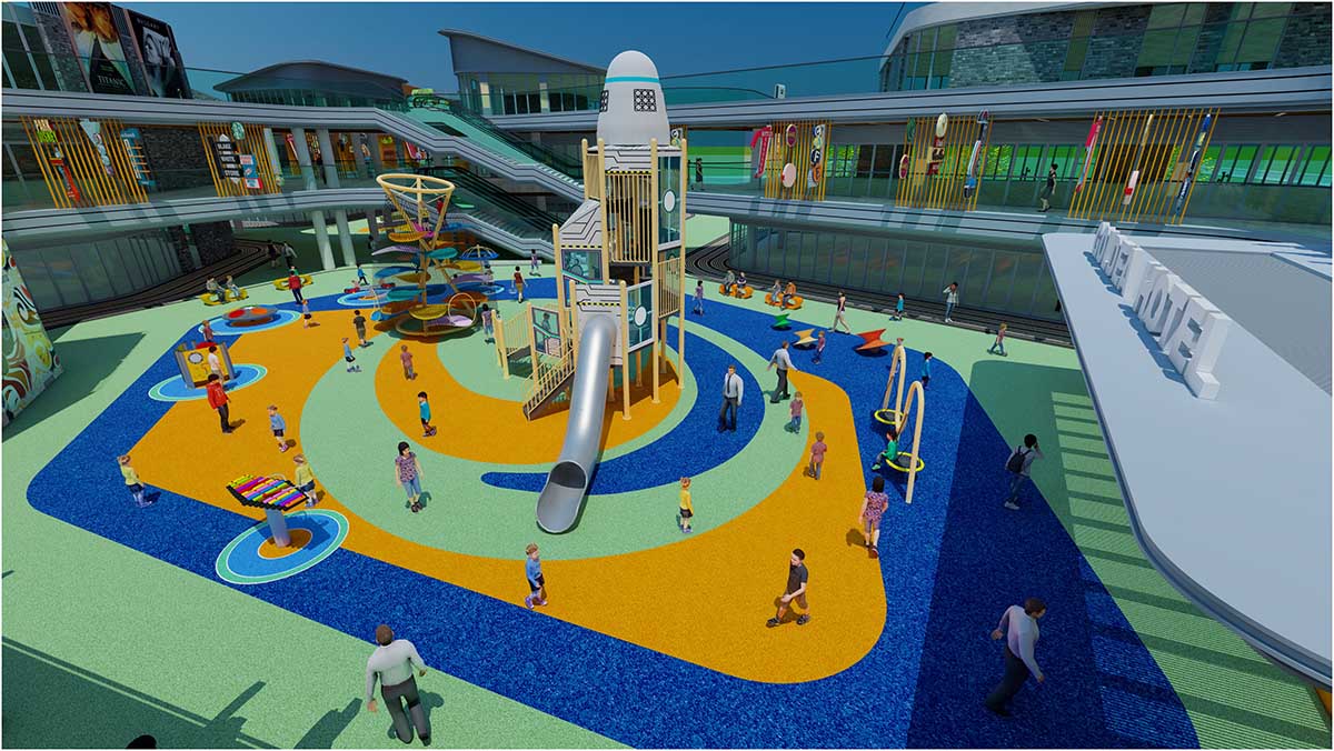 Коммерческое развлекательное оборудование без электропитания, установленное в оживленном парке.