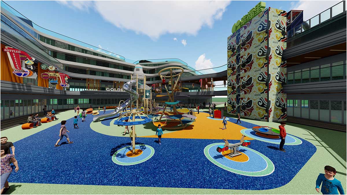 Коммерческое развлекательное оборудование без электропитания, установленное в оживленном парке.