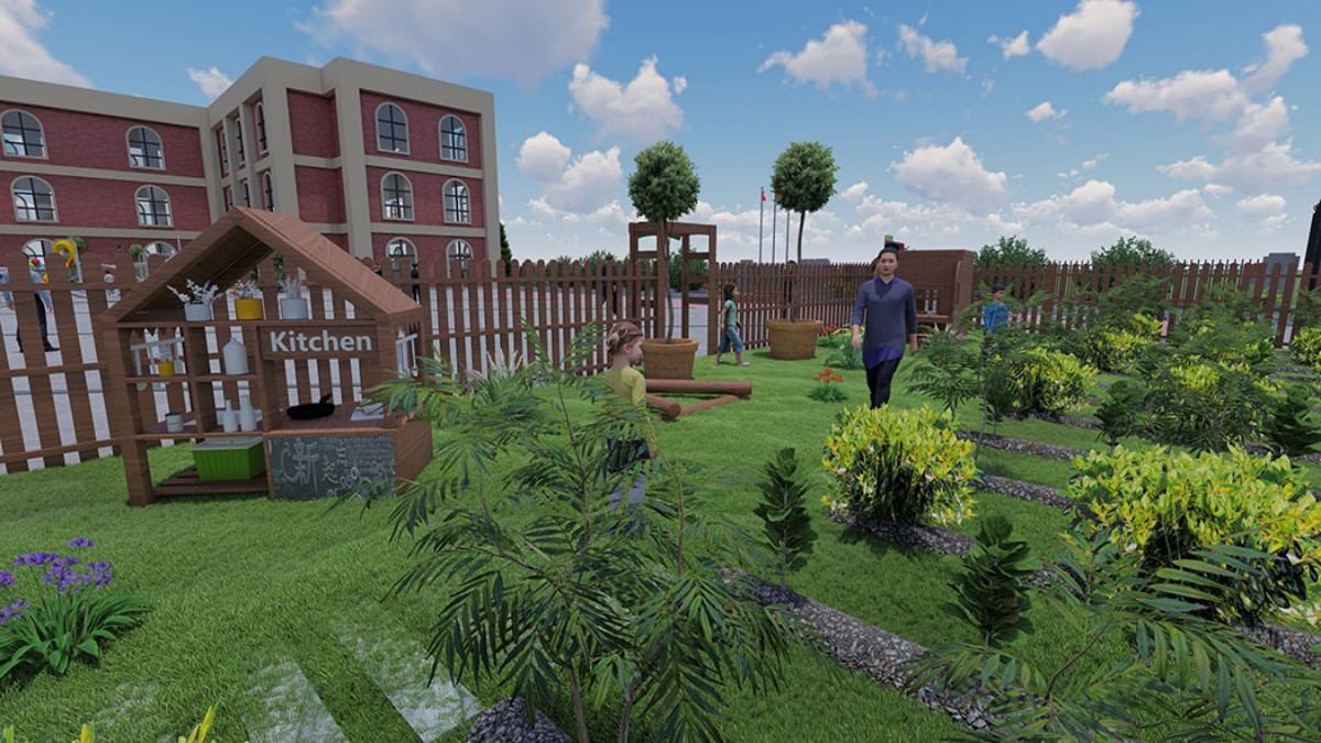 Детский сад, естественный игровой сад и игровая кухня на открытом воздухе, игровое оборудование