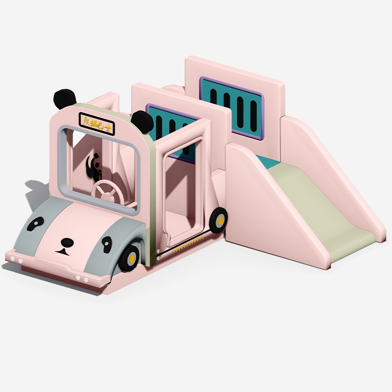 Крытый мягкий игровой альпинист с горкой в ​​стиле панда-автобуса